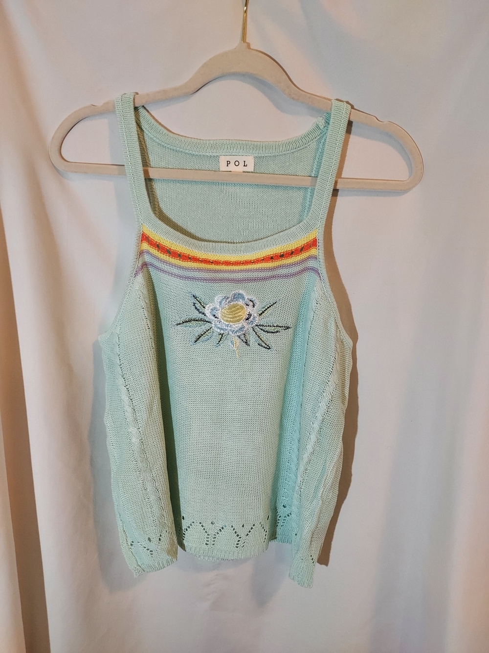 POL Pastel Mint Floral Embroidered Crochet Sweater Tank Top Size L